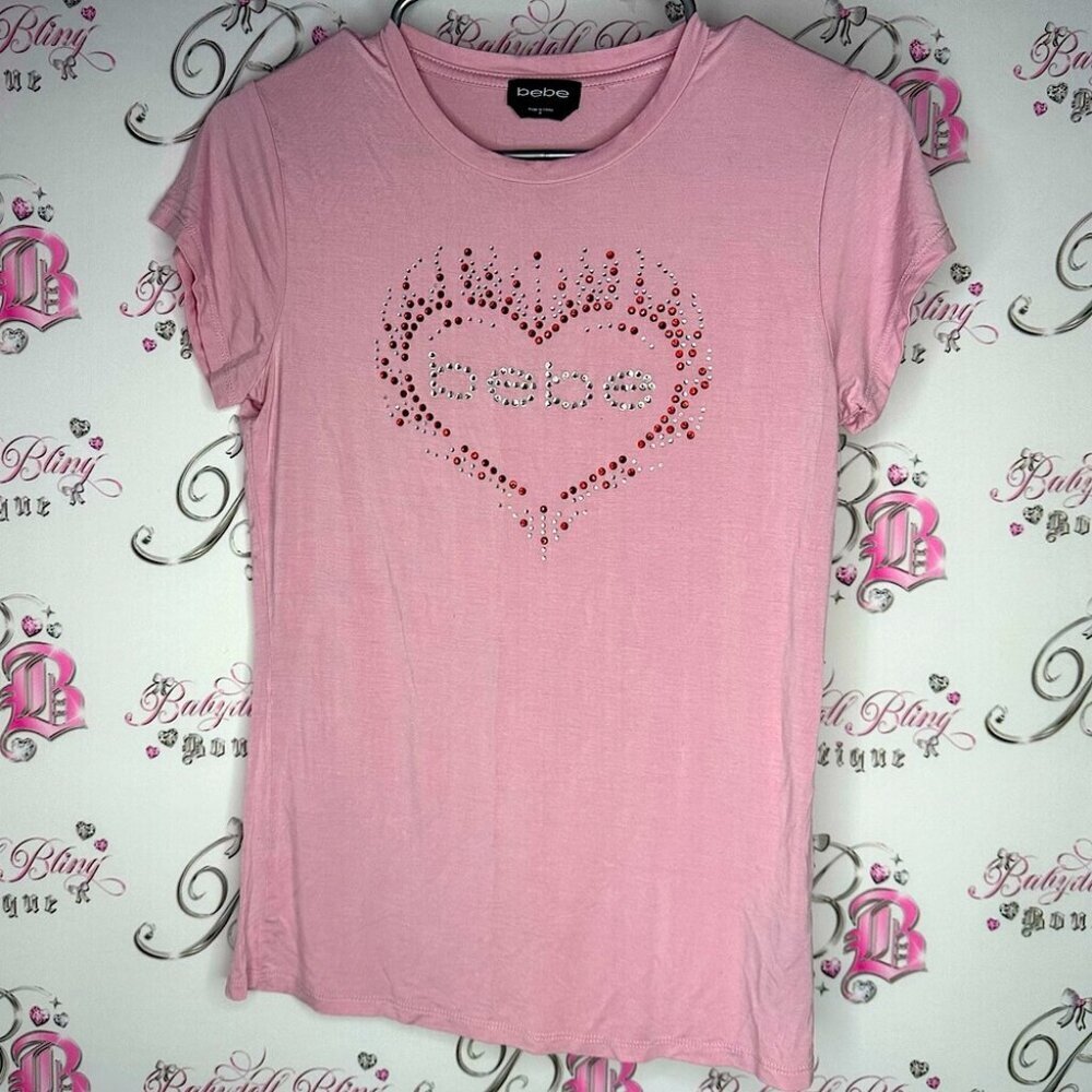 Bebe tshirt tee heart bling Swarovski crystal rhinestone red 🩷 heart Top